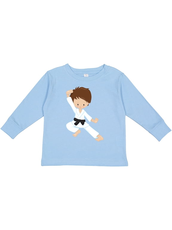 Cute Boy, Brown Hair, Black Belt, Karate Pose Boys Long Sleeve Toddler T-Shirt