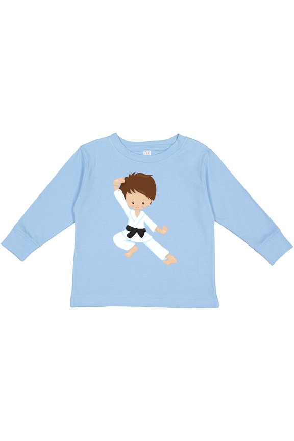 Cute Boy, Brown Hair, Black Belt, Karate Pose Boys Long Sleeve Toddler T-Shirt