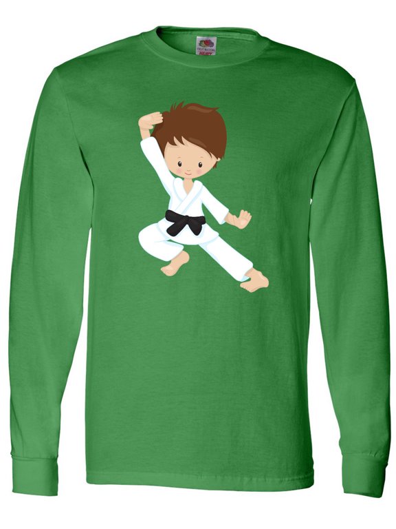 Cute Boy, Brown Hair, Black Belt, Karate Pose Long Sleeve T-Shirt