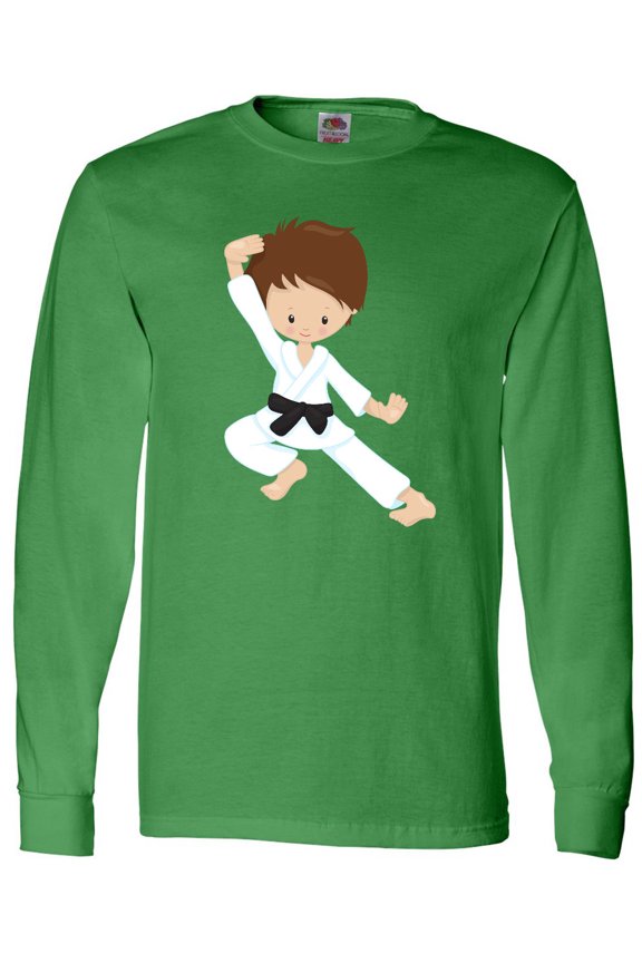 Cute Boy, Brown Hair, Black Belt, Karate Pose Long Sleeve T-Shirt
