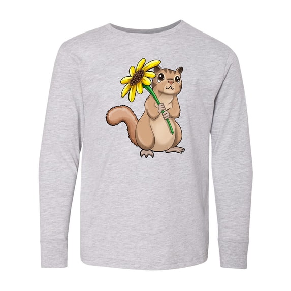 Inktastic Cute Chipmunk with Sunflower Long Sleeve Youth T-Shirt