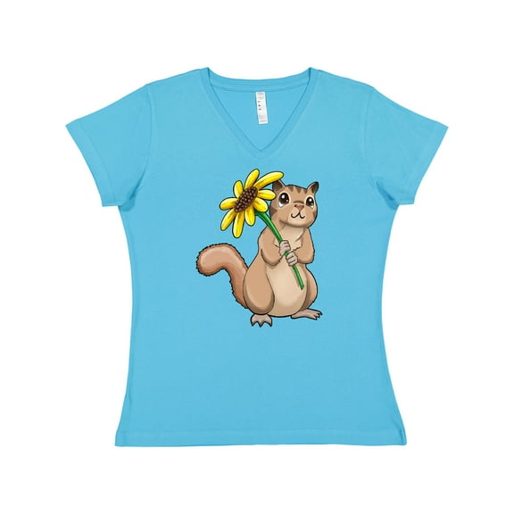 Inktastic Cute Chipmunk with Sunflower Women's V-Neck T-Shirt
