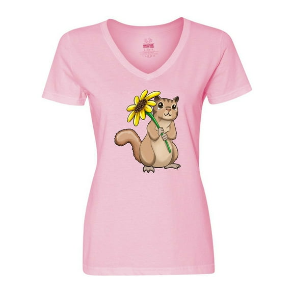 Inktastic Cute Chipmunk with Sunflower Women's V-Neck T-Shirt