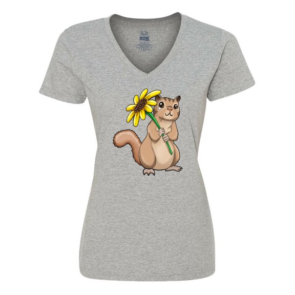Inktastic Cute Chipmunk with Sunflower Women's V-Neck T-Shirt