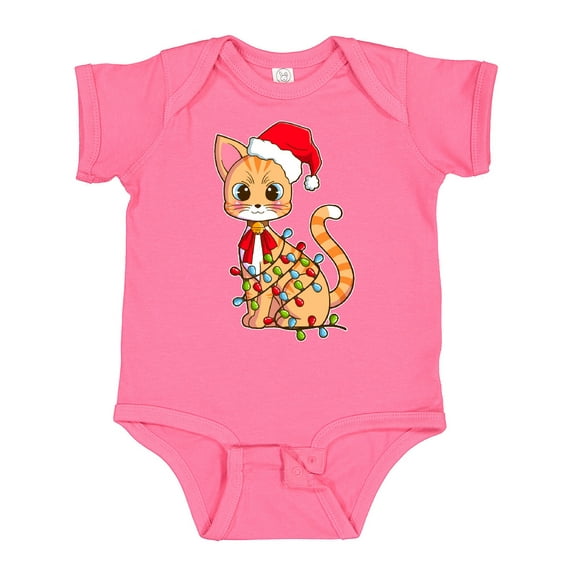 Inktastic Cute Christmas Cat Tangled in Colorful Lights with Red Hat Boys or Girls Baby Bodysuit