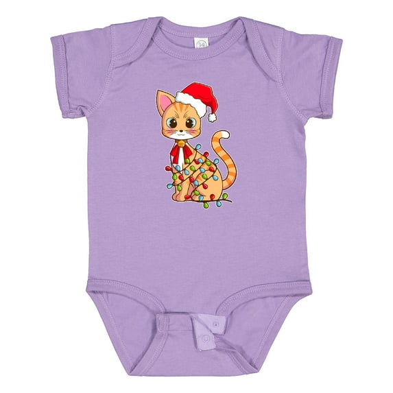 Inktastic Cute Christmas Cat Tangled in Colorful Lights with Red Hat Boys or Girls Baby Bodysuit
