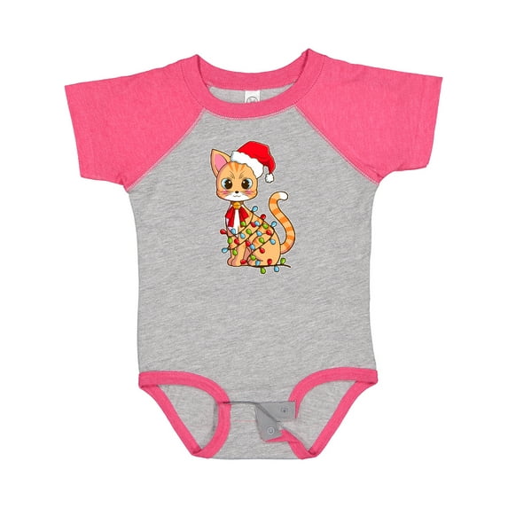 Inktastic Cute Christmas Cat Tangled in Colorful Lights with Red Hat Boys or Girls Baby Bodysuit