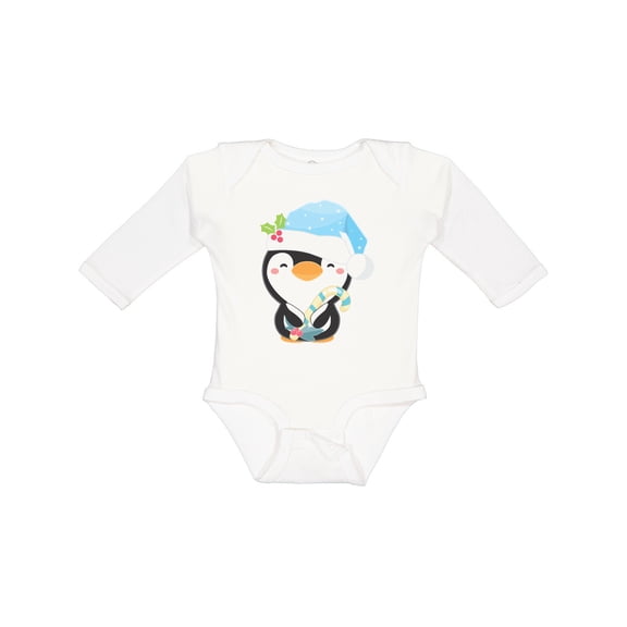 Inktastic Cute Christmas Penguin in Blue Hat Boys or Girls Long Sleeve Baby Bodysuit