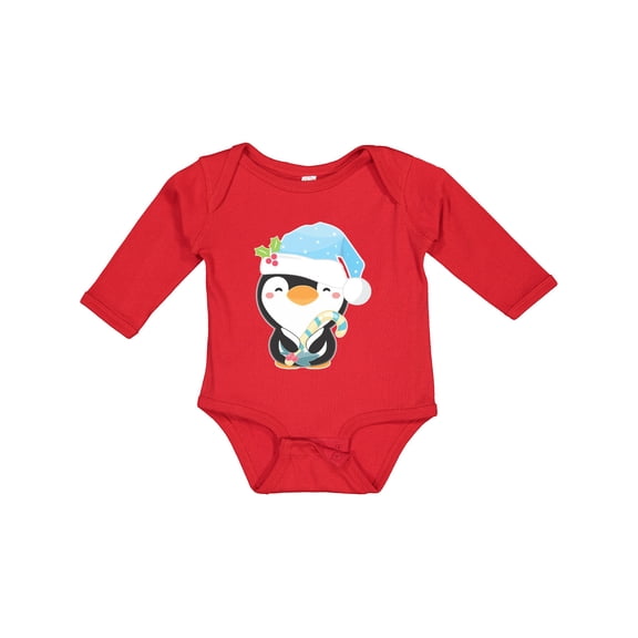 Inktastic Cute Christmas Penguin in Blue Hat Boys or Girls Long Sleeve Baby Bodysuit
