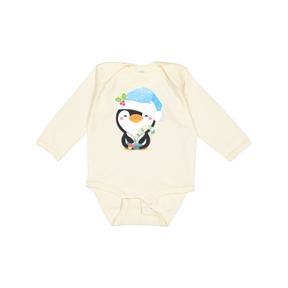 Inktastic Cute Christmas Penguin in Blue Hat Boys or Girls Long Sleeve Baby Bodysuit
