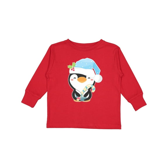 Inktastic Cute Christmas Penguin in Blue Hat Boys or Girls Long Sleeve Toddler T-Shirt