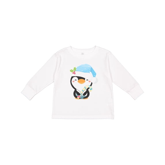 Inktastic Cute Christmas Penguin in Blue Hat Boys or Girls Long Sleeve Toddler T-Shirt