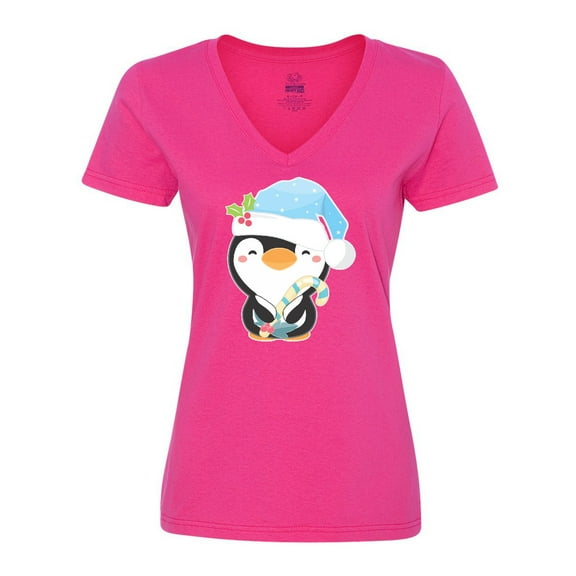 Inktastic Cute Christmas Penguin in Blue Hat Women's V-Neck T-Shirt