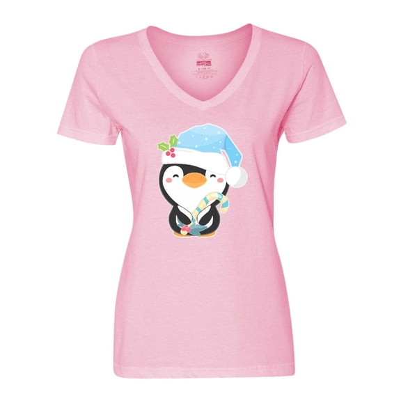 Inktastic Cute Christmas Penguin in Blue Hat Women's V-Neck T-Shirt