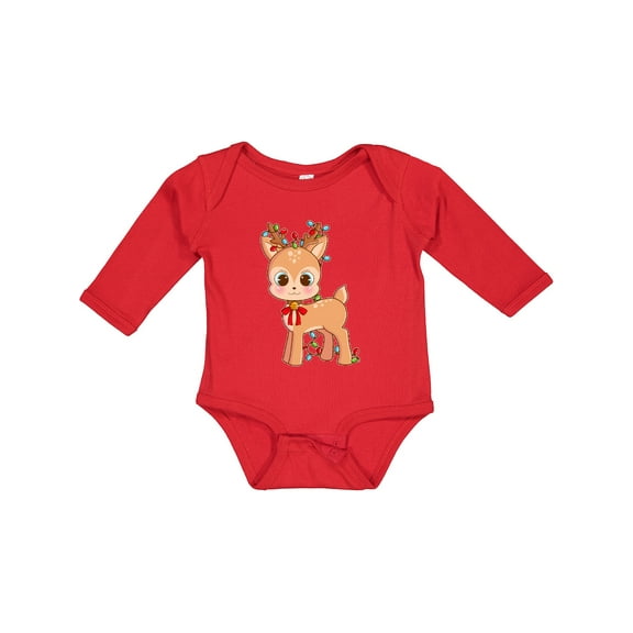 Inktastic Cute Christmas Reindeer with Christmas Lights Boys or Girls Long Sleeve Baby Bodysuit