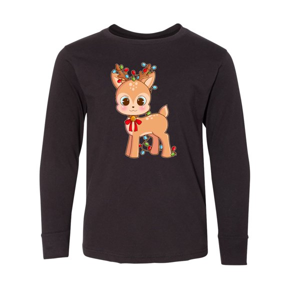 Inktastic Cute Christmas Reindeer with Christmas Lights Long Sleeve Youth T-Shirt