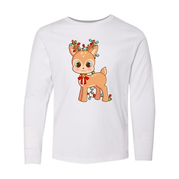 Inktastic Cute Christmas Reindeer with Christmas Lights Long Sleeve Youth T-Shirt