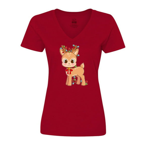 Inktastic Cute Christmas Reindeer with Christmas Lights Women's V-Neck T-Shirt