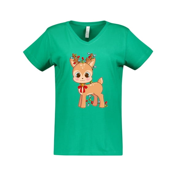 Inktastic Cute Christmas Reindeer with Christmas Lights Women's V-Neck T-Shirt