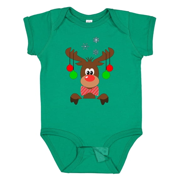 Inktastic Cute Christmas Reindeer with Red Nose, Ornaments and Bow Tie Boys or Girls Baby Bodysuit