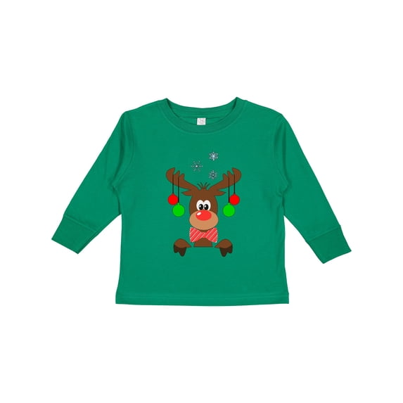 Inktastic Cute Christmas Reindeer with Red Nose, Ornaments and Bow Tie Boys or Girls Long Sleeve Toddler T-Shirt