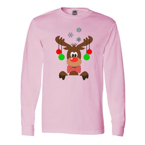 Inktastic Cute Christmas Reindeer with Red Nose, Ornaments and Bow Tie Long Sleeve T-Shirt