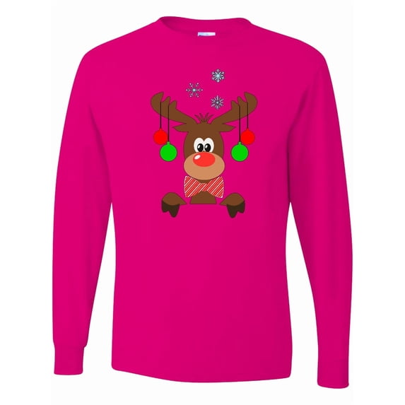 Inktastic Cute Christmas Reindeer with Red Nose, Ornaments and Bow Tie Long Sleeve T-Shirt