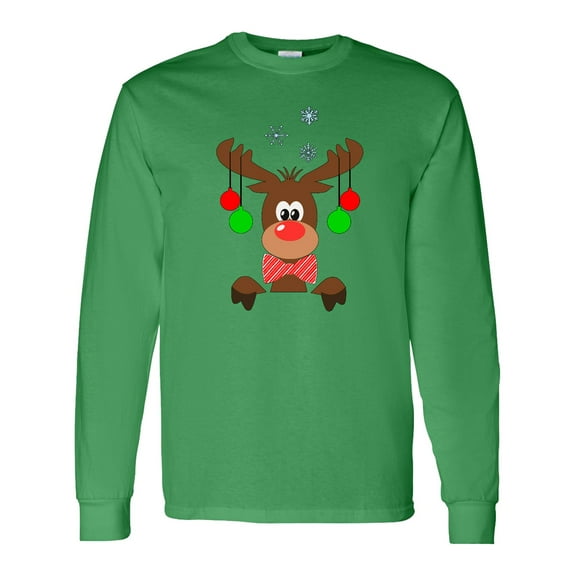 Inktastic Cute Christmas Reindeer with Red Nose, Ornaments and Bow Tie Long Sleeve T-Shirt