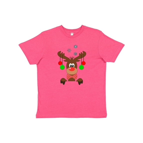 Inktastic Cute Christmas Reindeer with Red Nose, Ornaments and Bow Tie Youth T-Shirt