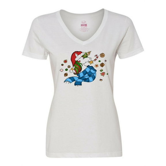 Inktastic Cute Christmas Unicorn with Cookies Women's V-Neck T-Shirt