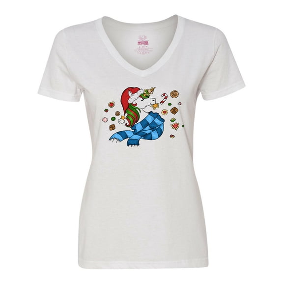 Inktastic Cute Christmas Unicorn with Cookies Women's V-Neck T-Shirt