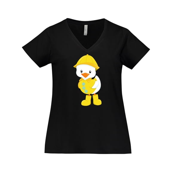 Inktastic Cute Duck, Baby Duck, Duck in Raincoat, Rain Women's Plus Size V-Neck T-Shirt