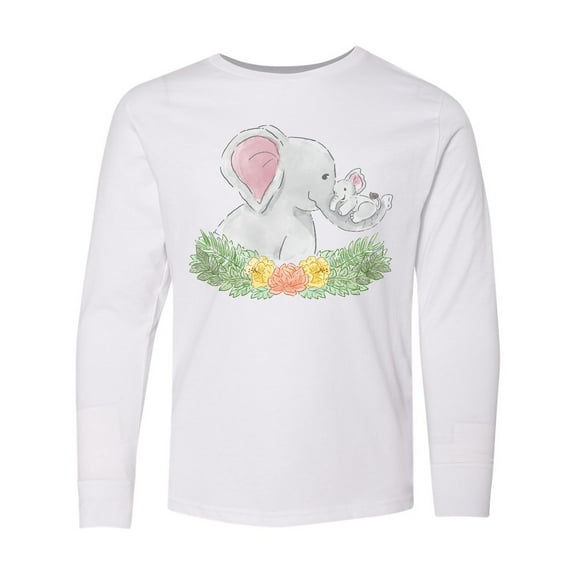 Inktastic Cute Elephants with Flowers Long Sleeve Youth T-Shirt