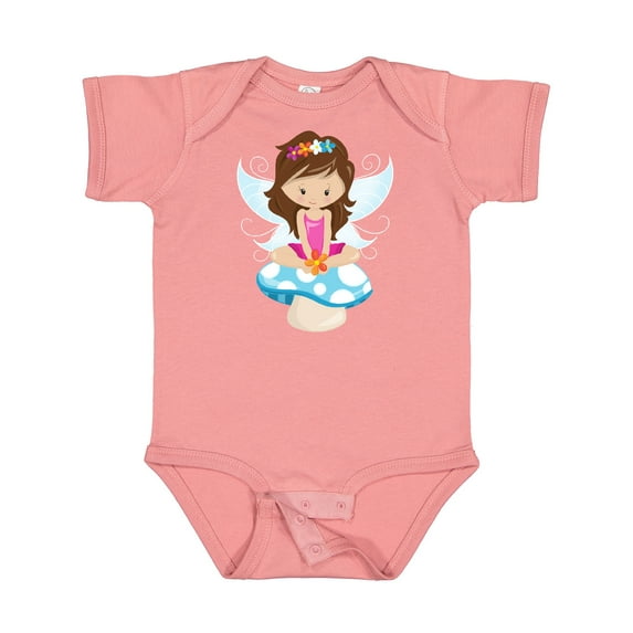 Inktastic Cute Fairy, Brown Hair, Fairy Sitting On Mushroom Girls Baby Bodysuit