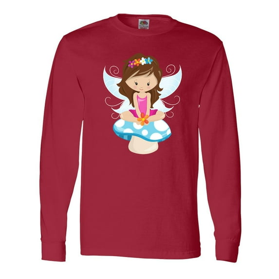 Inktastic Cute Fairy, Brown Hair, Fairy Sitting On Mushroom Long Sleeve T-Shirt