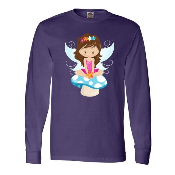 Inktastic Cute Fairy, Brown Hair, Fairy Sitting On Mushroom Long Sleeve T-Shirt