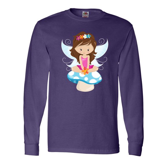 Inktastic Cute Fairy, Brown Hair, Fairy Sitting On Mushroom Long Sleeve T-Shirt