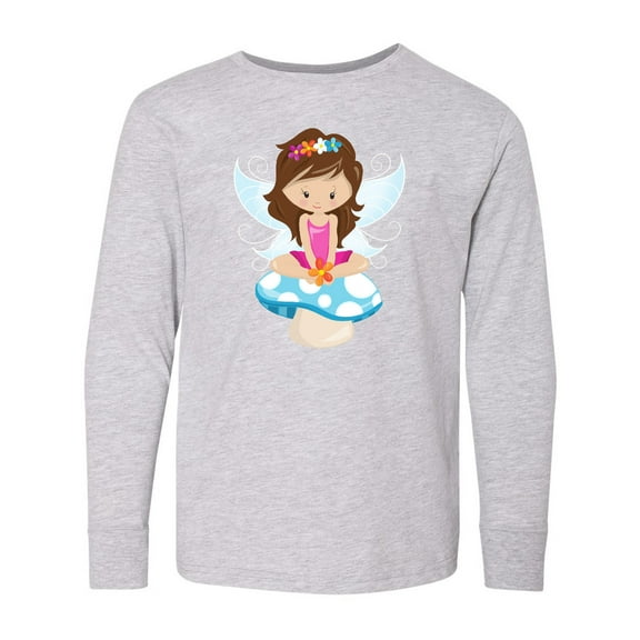 Inktastic Cute Fairy, Magic Fairy, Brown Hair, Mushroom Long Sleeve Youth T-Shirt