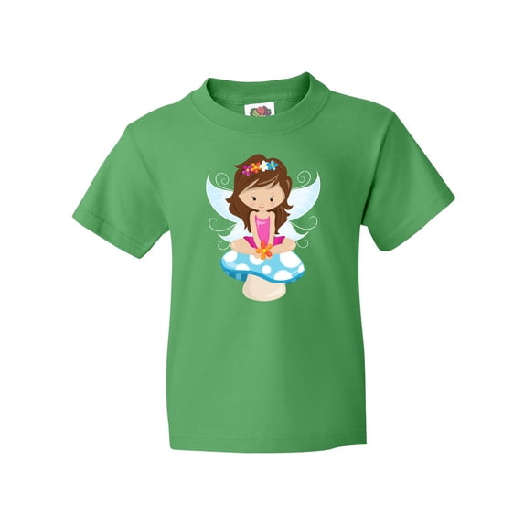 Inktastic Cute Fairy, Brown Hair, Fairy Sitting On Mushroom Youth T-Shirt