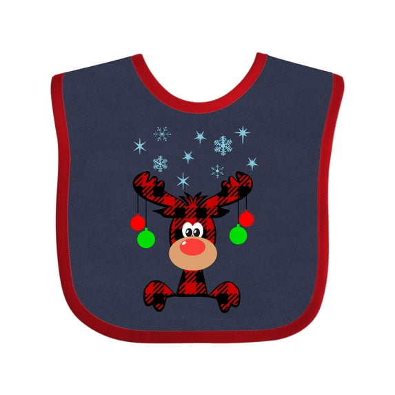 Inktastic Cute Flannel Reindeer with Christmas Bulbs and Snowflakes Boys or Girls Baby Bib