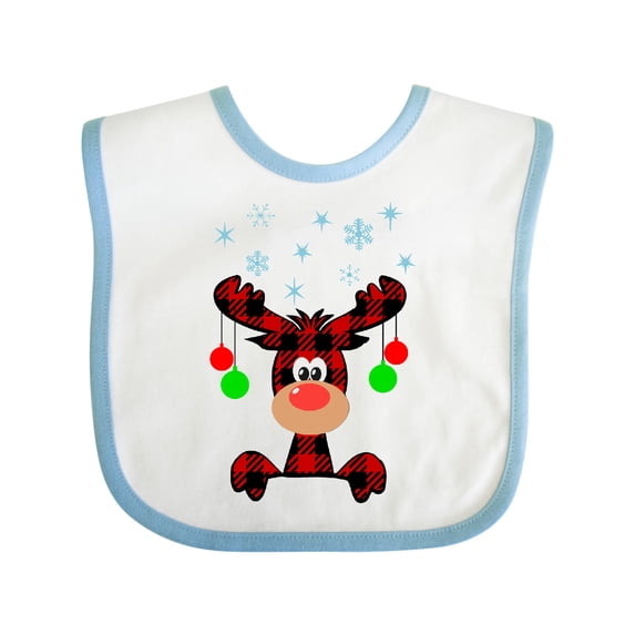 Inktastic Cute Flannel Reindeer with Christmas Bulbs and Snowflakes Boys or Girls Baby Bib