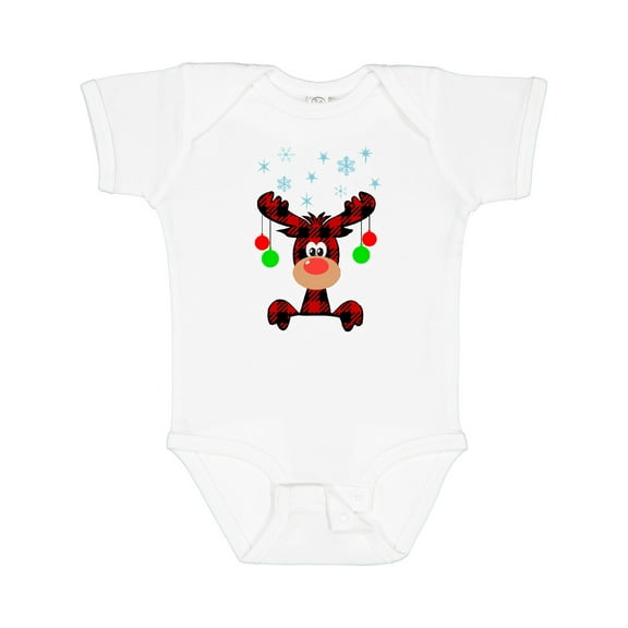 Inktastic Cute Flannel Reindeer with Christmas Bulbs and Snowflakes Boys or Girls Baby Bodysuit