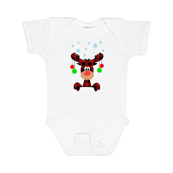 Inktastic Cute Flannel Reindeer with Christmas Bulbs and Snowflakes Boys or Girls Baby Bodysuit