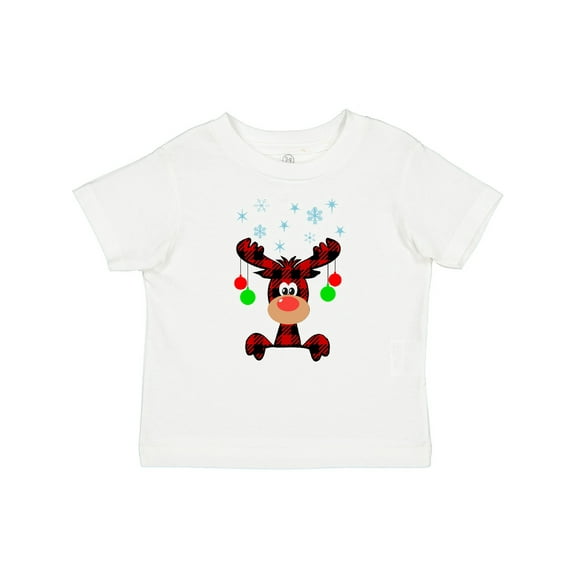 Inktastic Cute Flannel Reindeer with Christmas Bulbs and Snowflakes Boys or Girls Baby T-Shirt