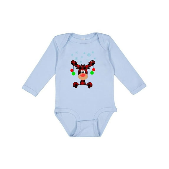 Inktastic Cute Flannel Reindeer with Christmas Bulbs and Snowflakes Boys or Girls Long Sleeve Baby Bodysuit