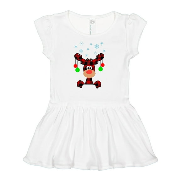 Inktastic Cute Flannel Reindeer with Christmas Bulbs and Snowflakes Girls Baby Dress
