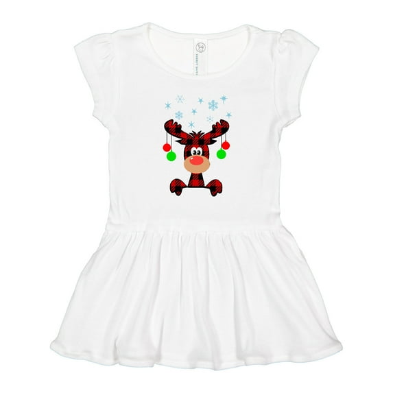 Inktastic Cute Flannel Reindeer with Christmas Bulbs and Snowflakes Girls Toddler Dress