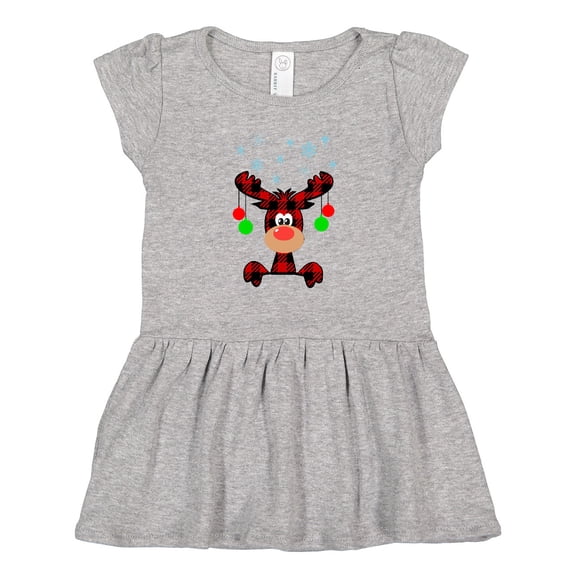 Inktastic Cute Flannel Reindeer with Christmas Bulbs and Snowflakes Girls Toddler Dress