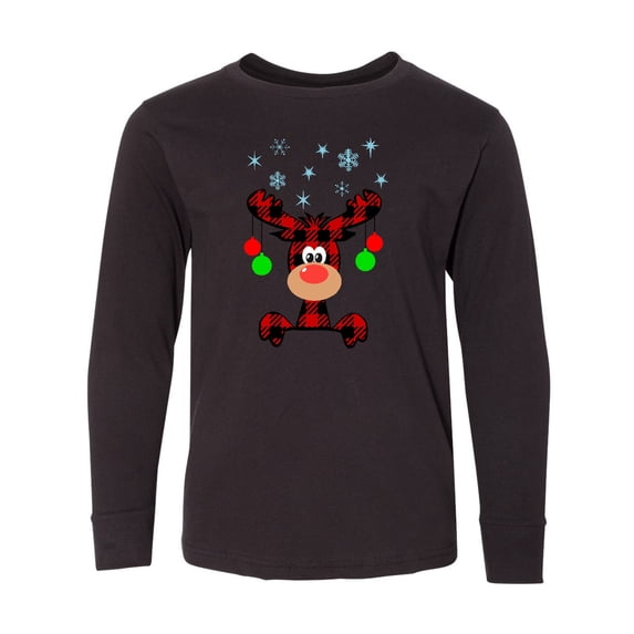 Inktastic Cute Flannel Reindeer with Christmas Bulbs and Snowflakes Long Sleeve Youth T-Shirt