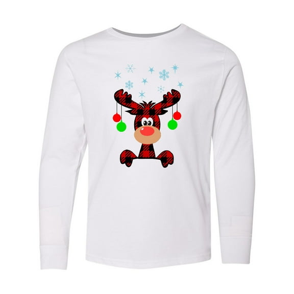 Inktastic Cute Flannel Reindeer with Christmas Bulbs and Snowflakes Long Sleeve Youth T-Shirt